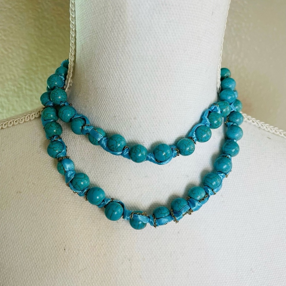 Vivi Cookie Lee Ribbon Tied Turquoise Dyed Howlite Stone Beaded Necklace 26"